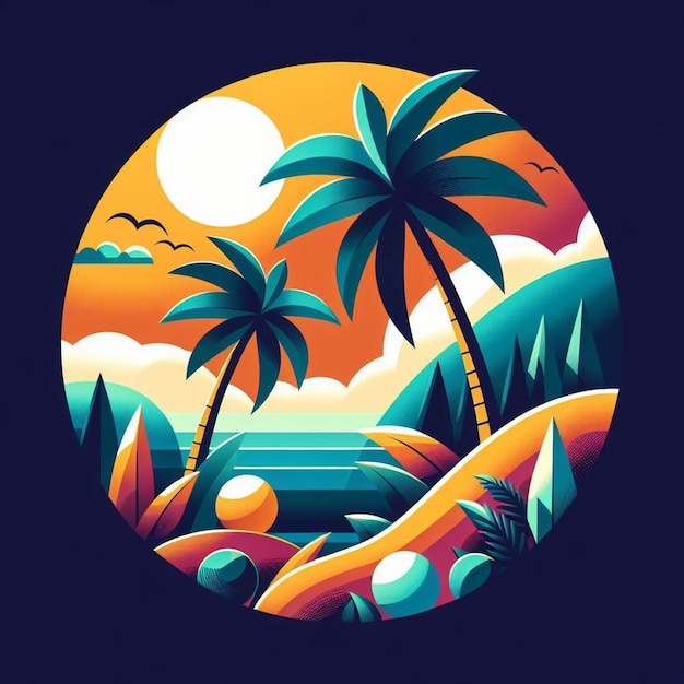 PSD arte vetorial hiperrealista ilustração de palmeira tropical do caribe, coco, palmeira de praia e pôster de pôr-do-sol