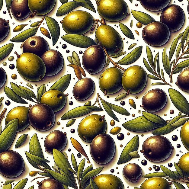 Arte vetorial hiperrealista sem costura azeitonas frescas e saborosas frutas de azeitona padrões de textura de fundo ícones