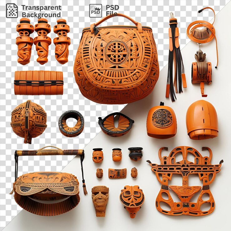 PSD los artefactos culturales se muestran en un fondo transparente acompañados de un reloj naranja y un mango marrón.