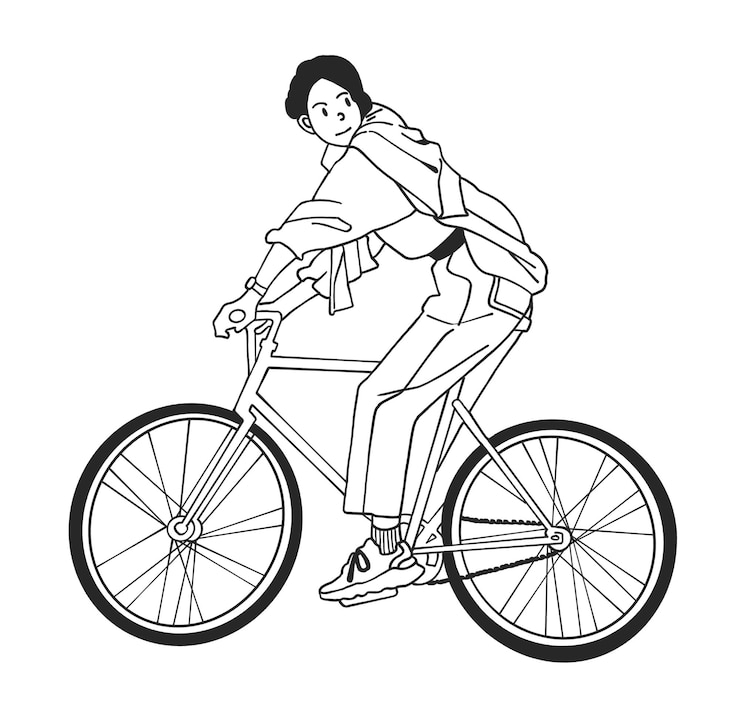PSD artes de línea dibujadas a mano una chica montando una bicicleta con cara sonriente