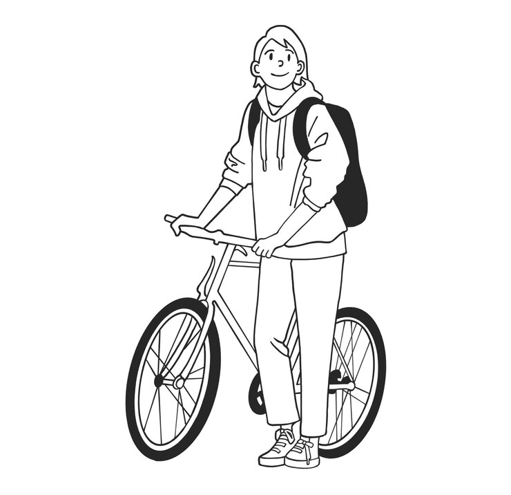PSD artes de línea dibujadas a mano una chica montando una bicicleta con cara sonriente