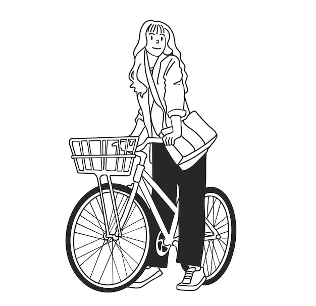 artes de línea dibujadas a mano una mujer de negocios montando una bicicleta con cara sonriente