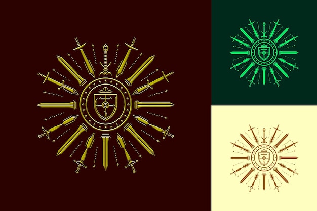 PSD arthurian round table logo com espadas e escudos para decoração template design psd vector tshirt art