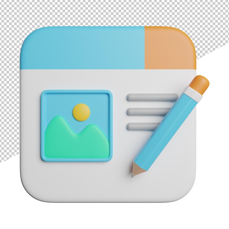 PSD article blog writing un icono de aplicación cuadrado con un lápiz y un lápiz azul sobre él