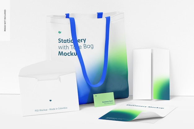 Articoli di cancelleria con borsa in tessuto Mockup, appoggiato