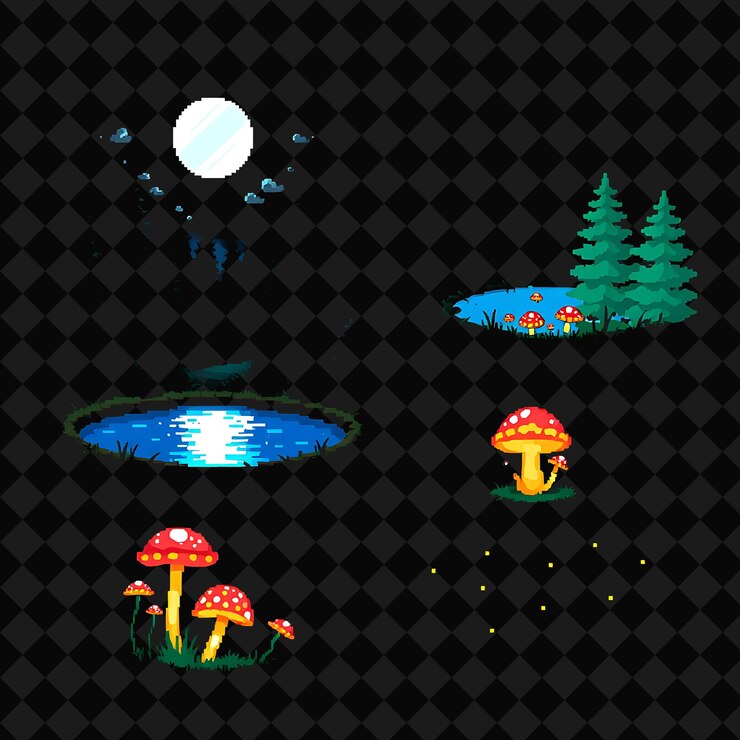 PSD con artículos ajustados claridad iluminada por la luna estanque reluciente setas brillantes luces de luciérnaga un claro iluminado por la luna
