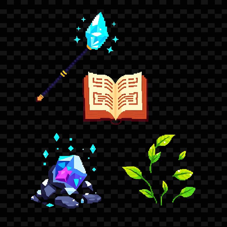 PSD con artículos ajustados crystal staff magic tome enchanted runestone flying leaves a crystal staff radiatin (toma mágico encantado con piedras rúnicas voladoras que dejan una vara de cristal radiante)