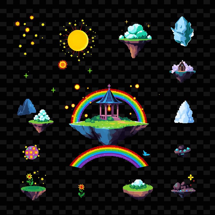 PSD con artículos ajustados luciérnagas islas flotantes gazebo encantado puente arco iris luciérnas parpadean alrededor