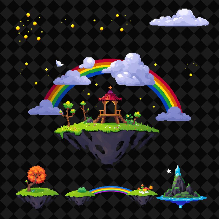 PSD con artículos ajustados luciérnagas islas flotantes gazebo encantado puente arco iris luciérnas parpadean alrededor