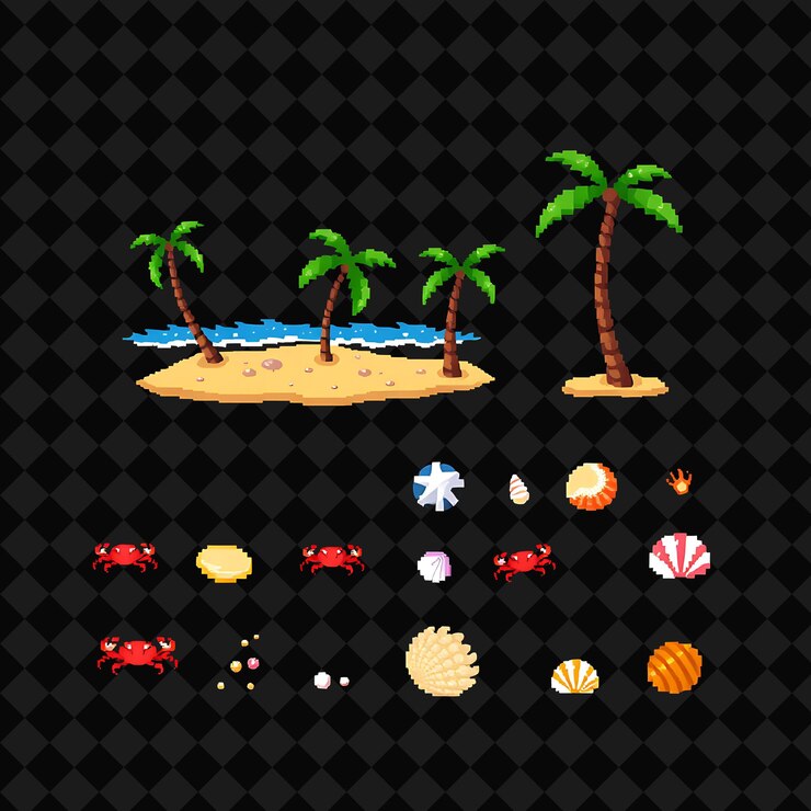 PSD con artículos ajustados pequeños cangrejos pixel arenosas orillas conchas marinas cocoteros pequeños canguelos pixel escurry acros