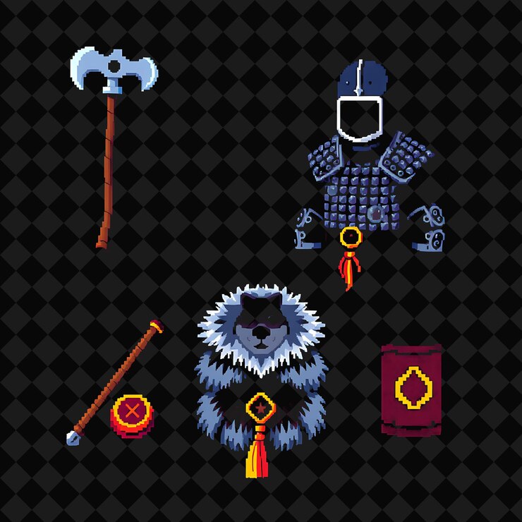 PSD con artículos ajustados poleaxe cadena de correo coif manto de piel de lobo talisman un pesado poleaxe colgado sobre el sho