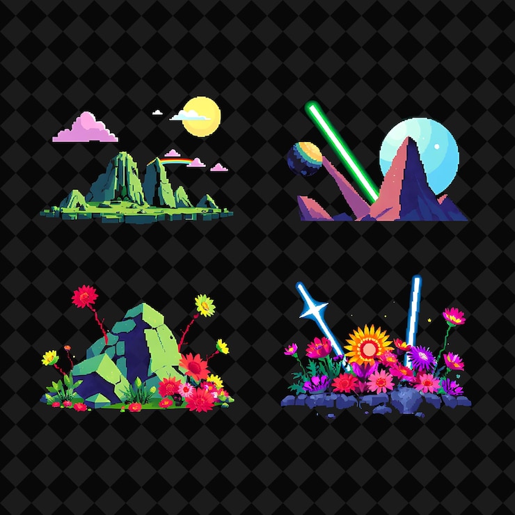 PSD con artículos alien landscape rocas flotantes flora vibrante rayos de energía alien landscape desafía a un