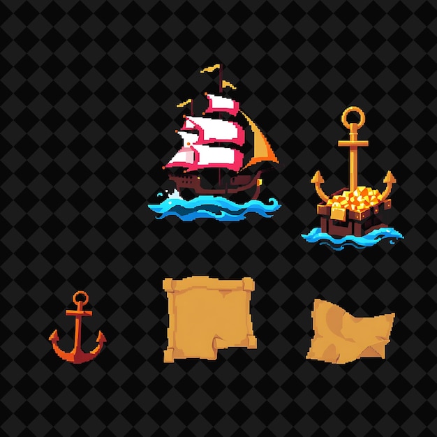 Con artículos Anclaje de barco pirata Mapa del cofre del tesoro Un barco pirata navegando a través de mares agitados