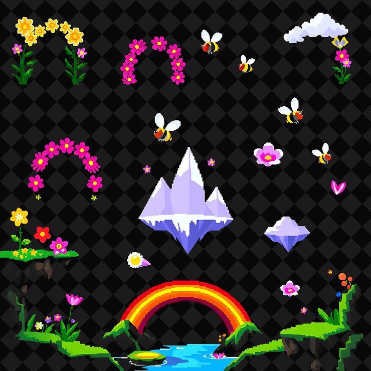 PSD con artículos arcos de flores píxeles abejas pétalos brillantes puentes de arco iris los arcos de flores están esparcidos
