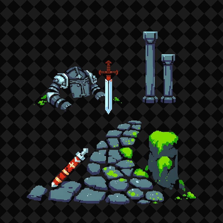 PSD con artículos armor desgastado espada oxidada lápida agrietada piedra de bandera musgo cubiertos pilares armadura desgastada