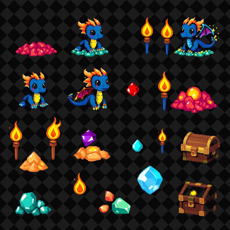 PSD con artículos baby dragons gem hoards flickering torches cofres del tesoro pequeños baby dragons se sientan en