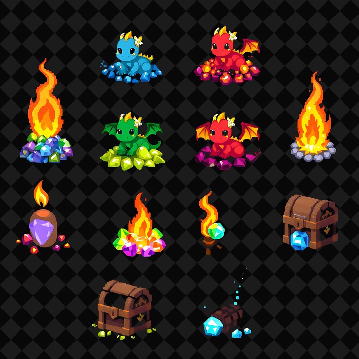 PSD con artículos baby dragons gem hoards flickering torches cofres del tesoro pequeños baby dragons se sientan en
