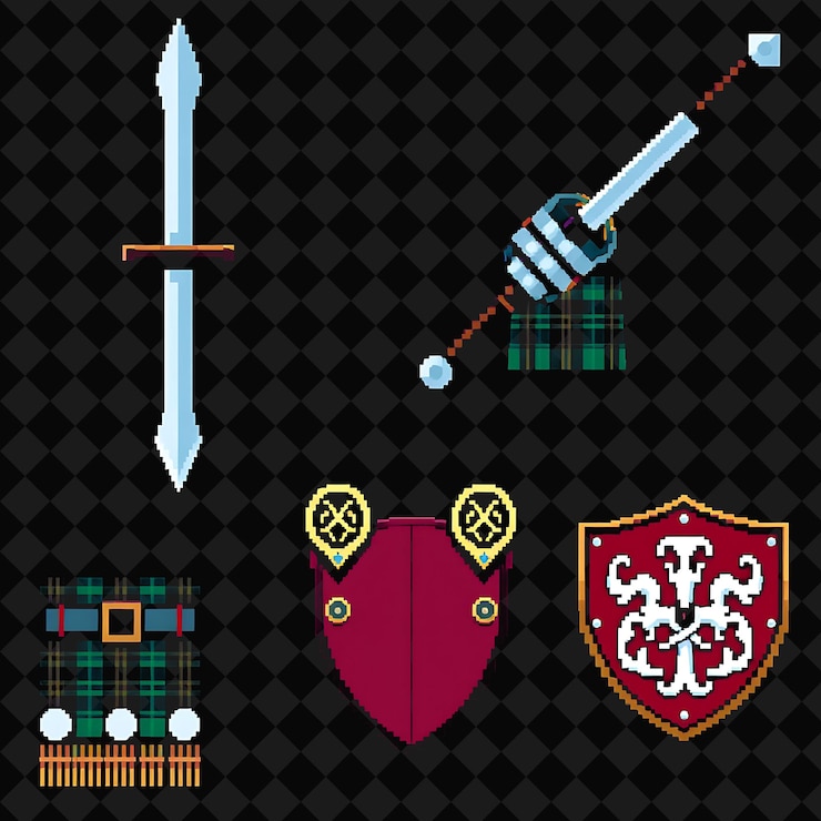 PSD con artículos claymore tartan kilt guantes de hierro escudo de la cresta una espada de claymore masiva con un br