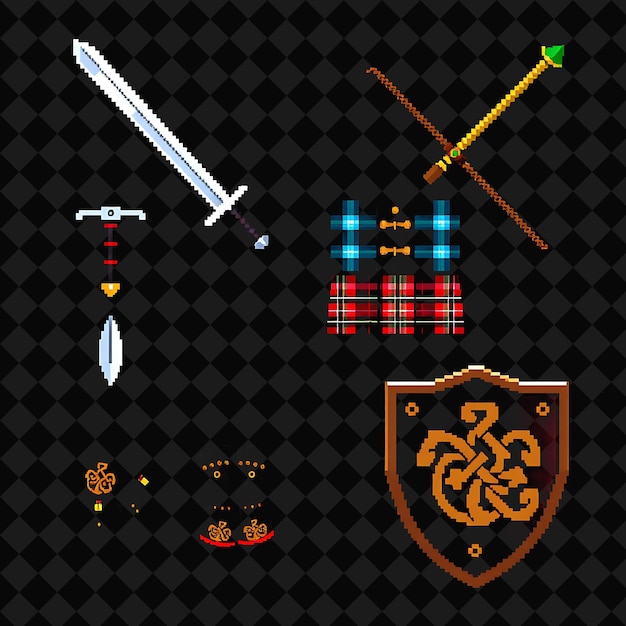 Con artículos Claymore Tartan Kilt Guantes de hierro Escudo de la cresta Una espada de Claymore masiva con un Br