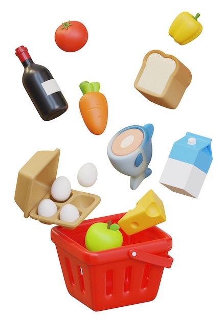 Artículos de comestibles en la canasta de compras Gráfico 3D