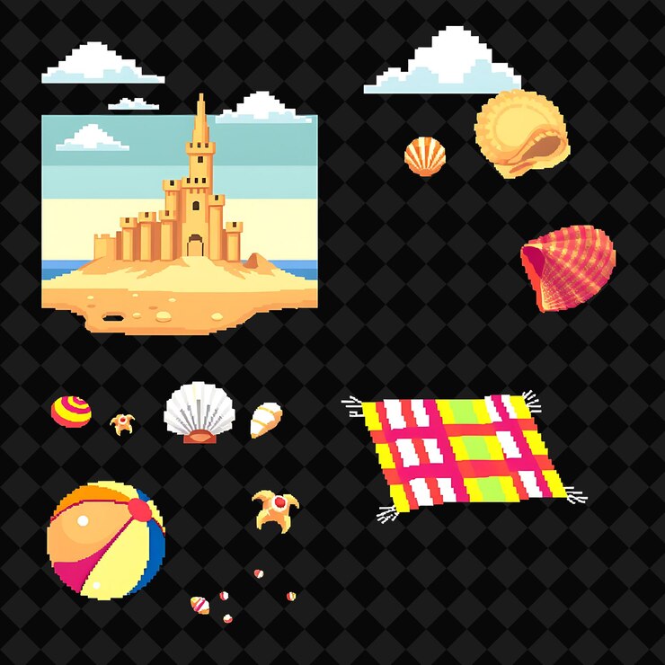 PSD con artículos de conjunto castillo de arena con conchas marinas toalla de pelota de playa un castillo de arena altísimo con torres con conchas marítimas
