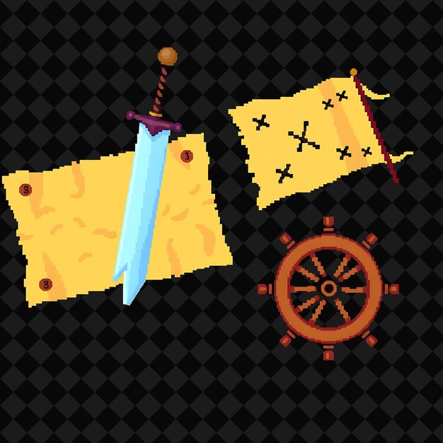 Con artículos conjunto espada tesoro mapa bandera pirata rueda de barco una espada con una hoja reluciente un tesoro