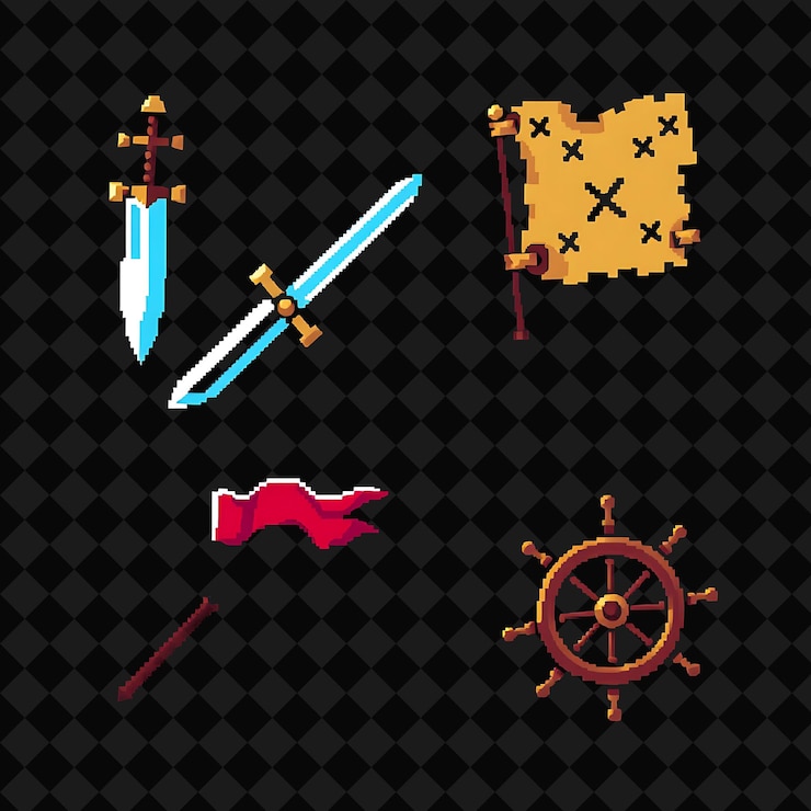 PSD con artículos conjunto espada tesoro mapa bandera pirata rueda de barco una espada con una hoja reluciente un tesoro
