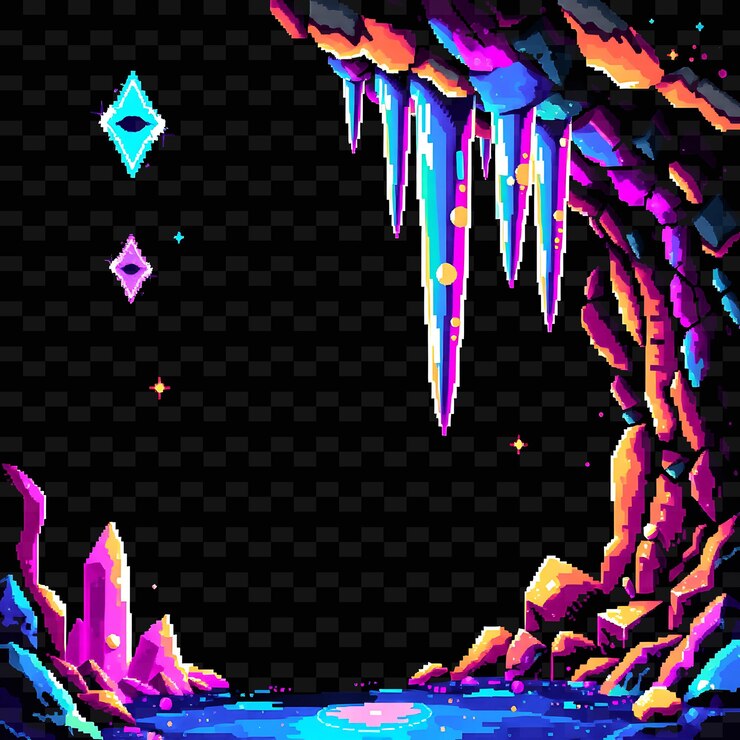 PSD con artículos de la cueva de cristal estalactitas brillantes polvo cristalino paredes relucientes cueva de cristales gli