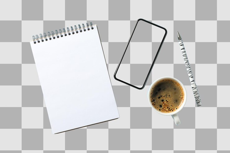 PSD artículos dispuestos para trabajo creativo y toma de notas aislados en png blanco