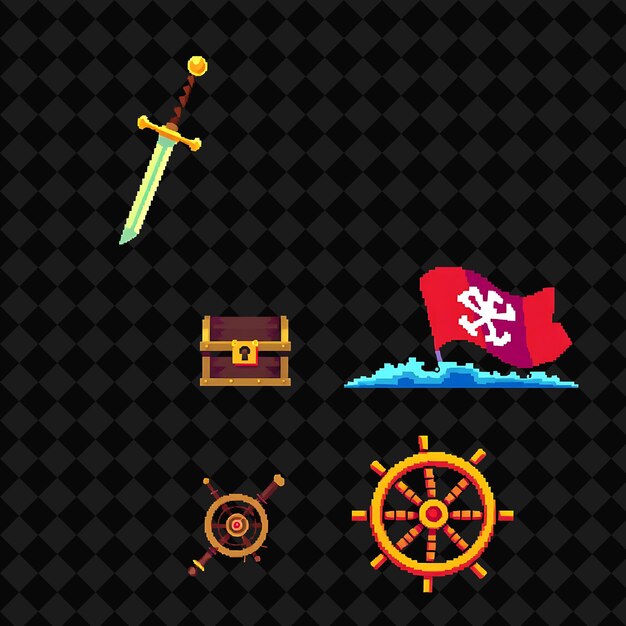 Con artículos espada cofre del tesoro bandera pirata rueda del barco una espada que brilla a la luz del sol un árbol