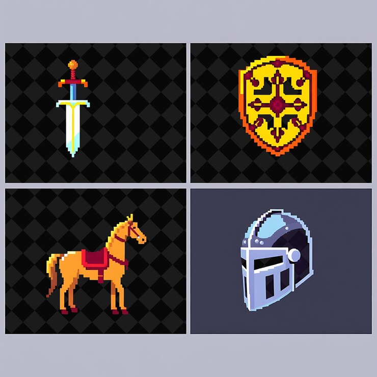PSD con artículos espada escudo conjunto caballo caballero casco una espada reluciente que refleja la luz del sol un escudo