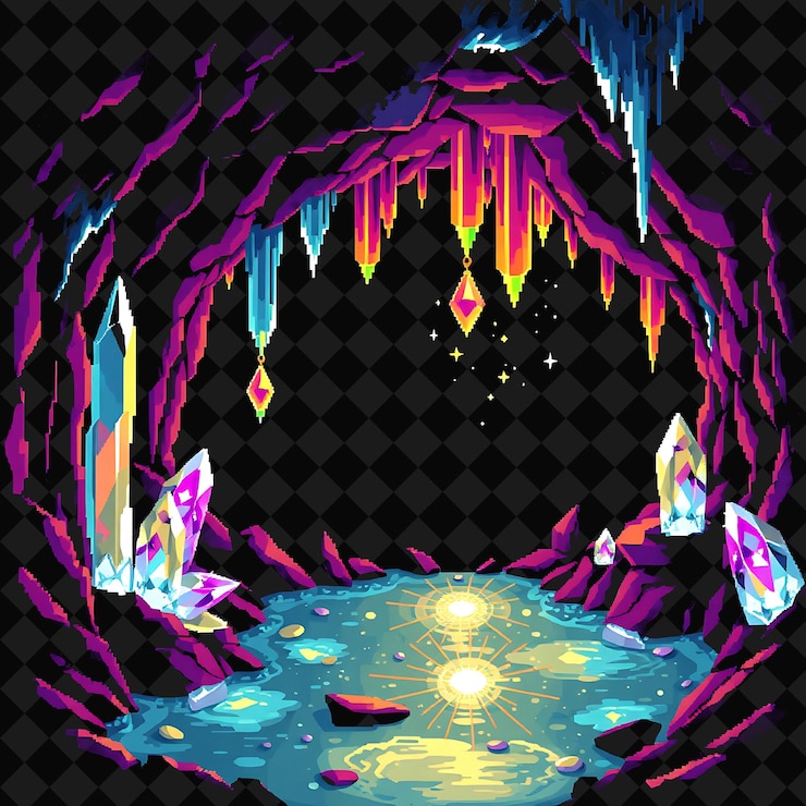 PSD con artículos establecidos caverna de cristal cristales brillantes estalactitas relucientes piscinas relucientes un cristal ca