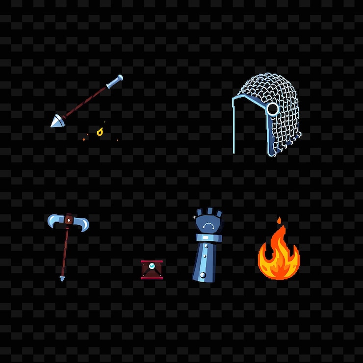 PSD con artículos establecidos flail chainmail hood guanteletes de acero emblema de llama un flail clavado girando en el ai