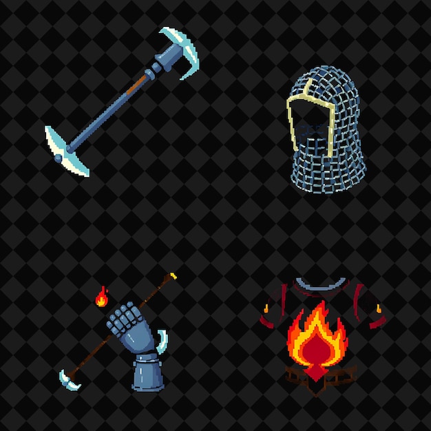 Con artículos establecidos Flail Chainmail Hood Guanteletes de acero Emblema de llama Un flail clavado girando en el Ai