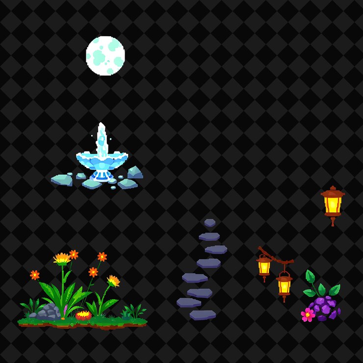 PSD con artículos establecidos fuente de cristal piedras brillantes jardín encantado linternas flotantes una fuente de cristal