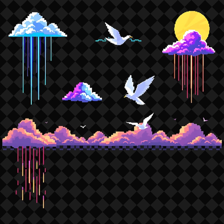 PSD con artículos establecidos nubes digitales lluvia de neón pájaros cibernéticos cielo pixelado nubes digitales a la deriva a través de un pi