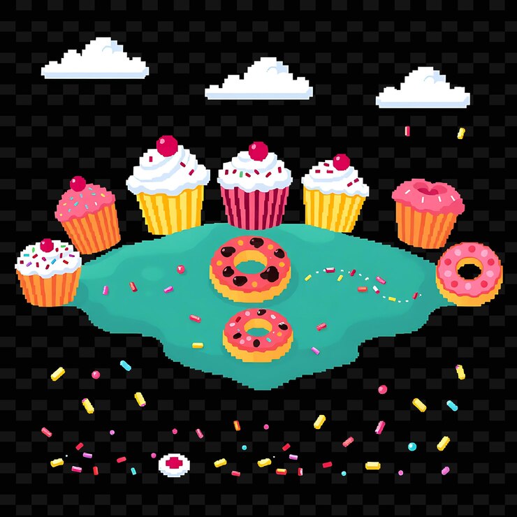 PSD con artículos establecidos pasteles rosquillas rosquillas caramelos lluvia pasteles grandes decoran el paisaje rosquillas