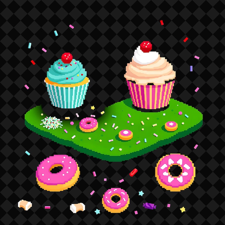 PSD con artículos establecidos pasteles rosquillas rosquillas caramelos lluvia pasteles grandes decoran el paisaje rosquillas
