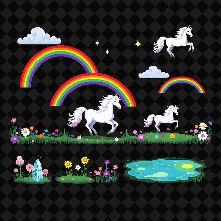 PSD con artículos establecidos pixel unicornios arco iris flores de cristal estanques brillantes pixel unicornias saltan a través