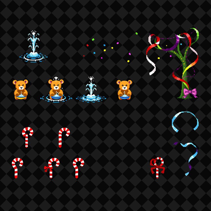PSD con artículos establecidos teddy bear fuentes de caramelo bastones de caramelos pixel confeti cintas streamers adorable teddy bea