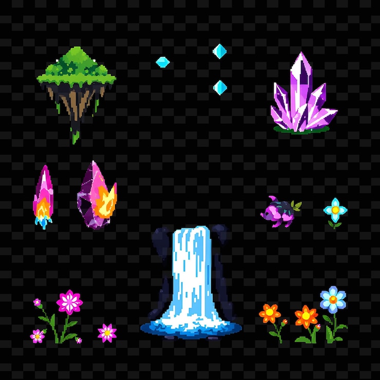 PSD con artículos flotantes isla cristales mágicos cascadas relucientes flores encantadas una flotante