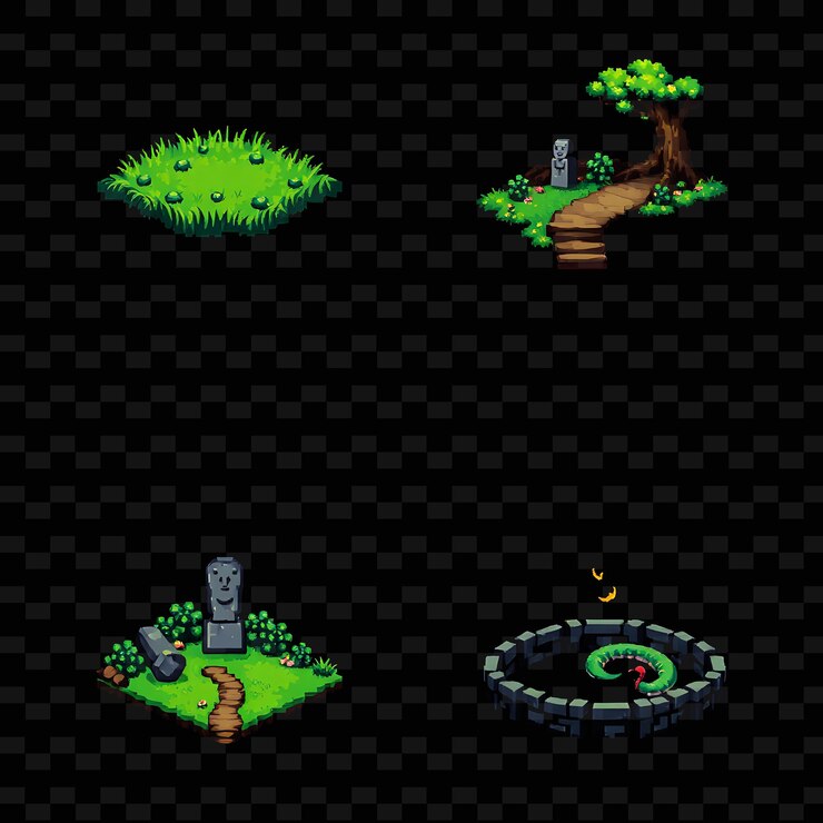PSD con artículos de juego claros de hierba caminos de la jungla brumosa estatuas rotas fosas de serpientes claros de herba fuera