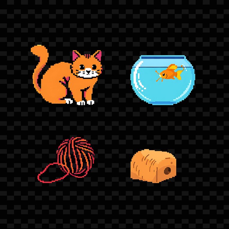 PSD con artículos de juego gato hilo bola de pescado rascando poste un lindo gato con una cola esponjosa una bola de yar