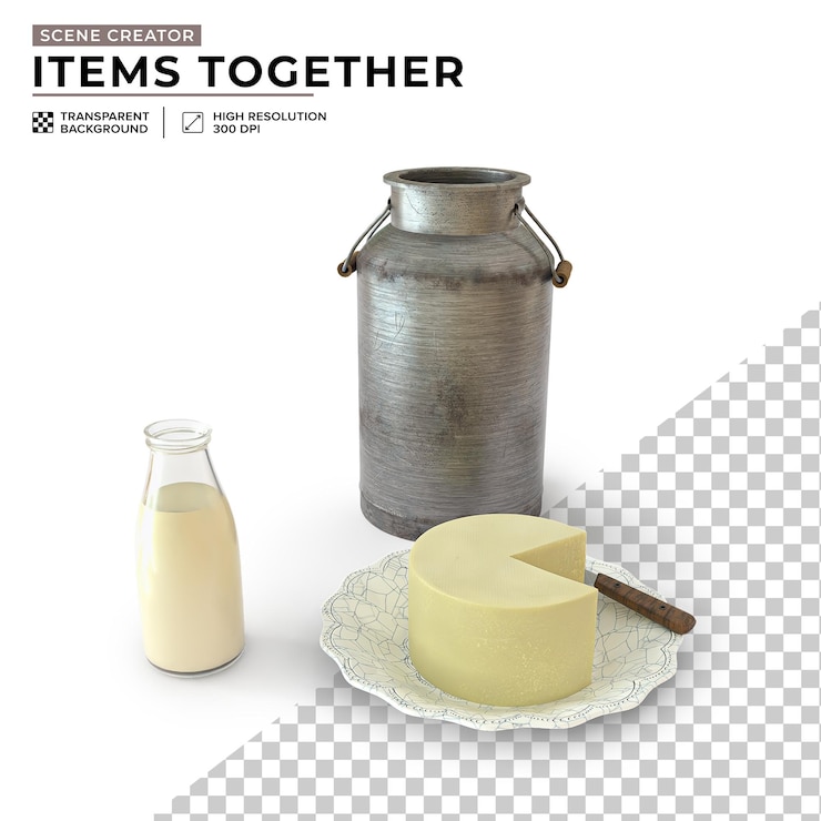PSD artículos de leche apoyados con jarro de leche de hierro placa con minas queso vaso de leche y un cuchillo