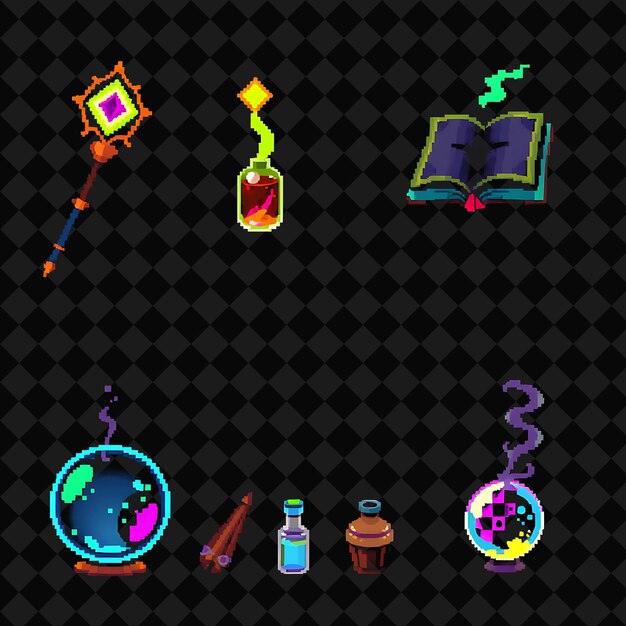 Con artículos Magical Staff Enchanted Book Potion Bottle Bola de cristal Un bastón mágico con un resplandor