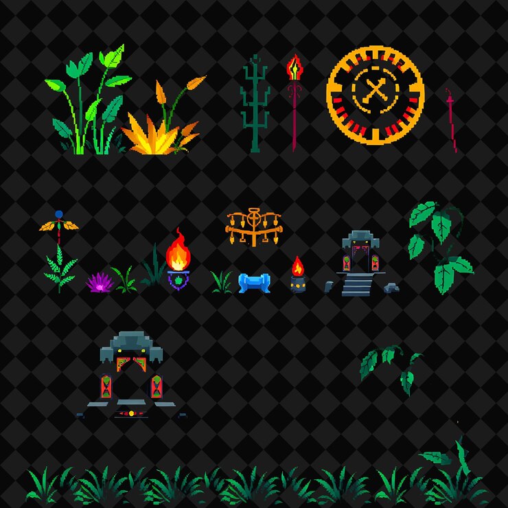 PSD con artículos plantas brillantes marcas tribales altares de piedra noche jungla plantas brillantes iluminan el
