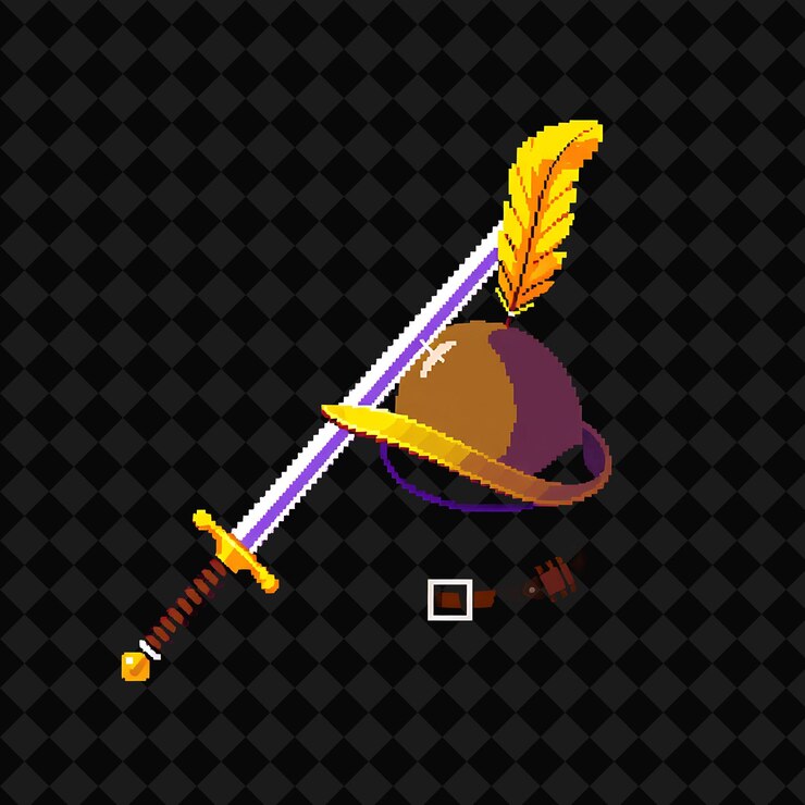 PSD con artículos rapier set caballero sombrero pluma cinturón de cuero una delgada rapier brillando en el sol