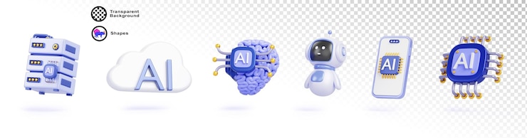 PSD artificial intelligence 3d render icon set chatbot robot ai chip brain data server cloud and mobile phone innovation technology science and business isolated design elements