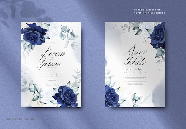 Artigo de papelaria elegante para casamento com guirlanda floral em aquarela com flores e folhas azul marinho