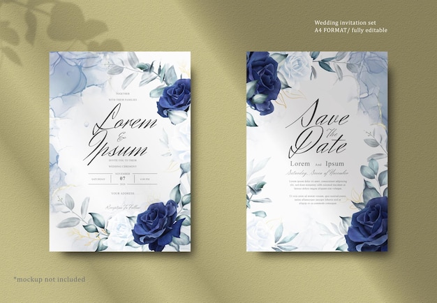 PSD artigo de papelaria elegante para casamento com guirlanda floral em aquarela com flores e folhas azul marinho